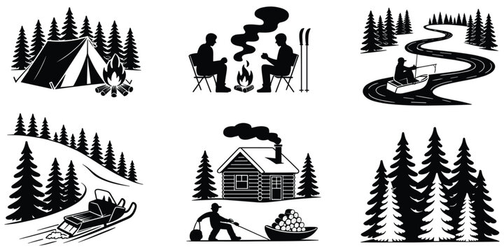 Camping tent pine trees campfire, people skiing outdoor fire, fishing boat river pine forest, snowmobile winter hill, cabin sled logs, flat vector illustration