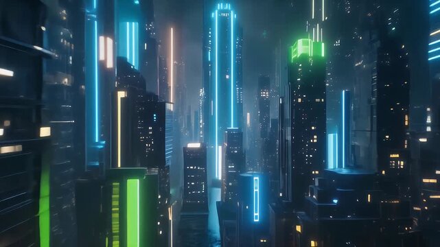A futuristic cityscape glows with vibrant neon lights, showcasing towering structures and a dynamic urban environment at night.