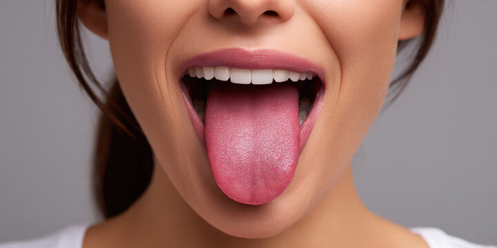Open mouth closeup pink tongue human mouth white tooth lip oral cavity female face isolated background healthy tooth tongue