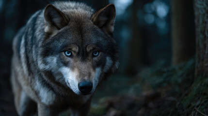 Fototapeta premium Lone wolf in dark forest close up with blue eye and alert face, stalking in shadow, quiet wild animal with intense gaze and thick fur