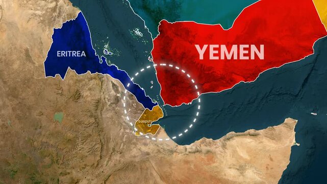 Animated map of the Bab-el-Mandeb Strait blockade with countries highlighted