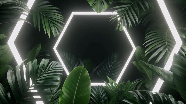 Lush tropical foliage frames a glowing hexagonal light structure, creating a modern and vibrant natural aesthetic.