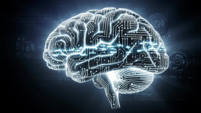 Digital futuristic glowing brain with circuit board design and technology background for artificial intelligence concept