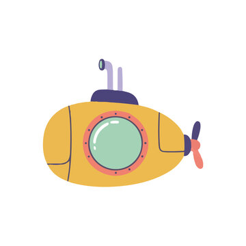 Yellow submarine illustration, cute rounded underwater vessel icon in flat vector design
