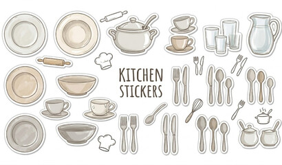 Hand drawn dishware sticker collection with plates bowls cups and cutlery in doodle vector style © Mst RAFIYA