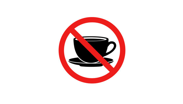 No coffee or hot drinks allowed red prohibition sign, caffeine restriction warning, vector graphic illustration