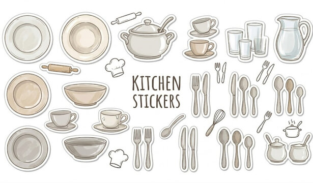 Hand drawn dishware sticker collection with plates bowls cups and cutlery in doodle vector style