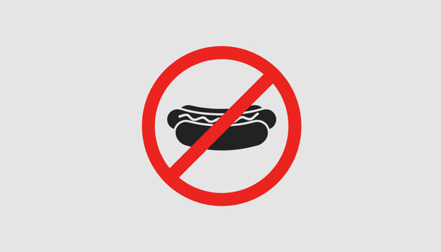 No hot dog allowed red prohibition sign on grey background, street food restriction, vector graphic illustration