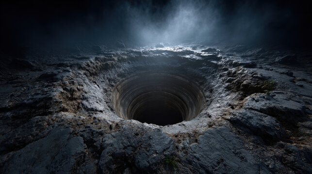 Dark borehole in rocky ground with misty light and deep shadow, eerie underground opening in cracked stone landscape