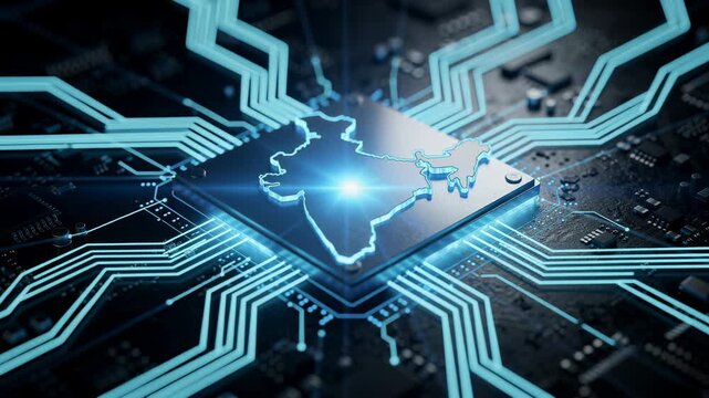 Futuristic digital India map on microchip with glowing circuit technology and data connections