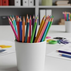 Fototapeta premium Color Pencils in White Cup on Desk with Artwork and White Shelves
