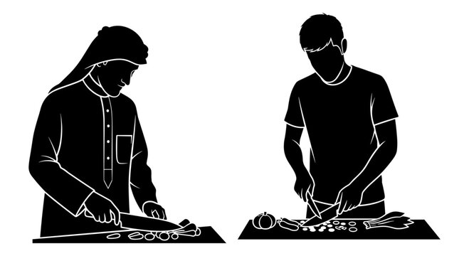 Two individuals preparing traditional and modern food items simultaneously Vector, illustration