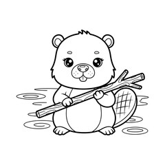 Cute cartoon beaver holding a branch coloring page, black and white line art vector illustration  © Namita