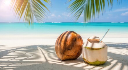 Obraz premium A refreshing coconut drink with a straw sits next to a whole coconut on a sandy tropical beach with palm trees and a serene ocean view.
