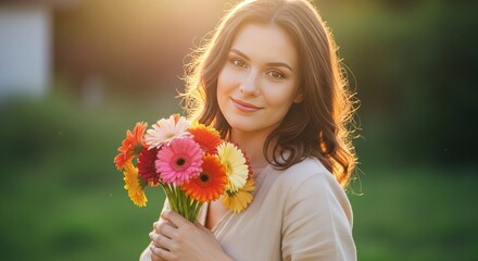 Naklejka premium A young woman holding a vibrant bouquet of flowers smiles warmly outdoors in a lush green environment on a sunny day with Whisk_3f87c88a6cd8496afe740cb71c0ed06edr standard scale.