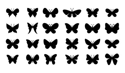 Obraz premium Set of black butterfly silhouettes in different shapes, clean flat clipart for tattoo, sticker, spring nature design, wedding decor, scrapbook elements, packaging, pattern making and craft projects