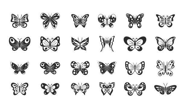 Collection of black butterfly silhouette icons with decorative wings, minimalist flat clipart for nature design, tattoo, sticker, wedding decor, spring concept, craft projects and packaging