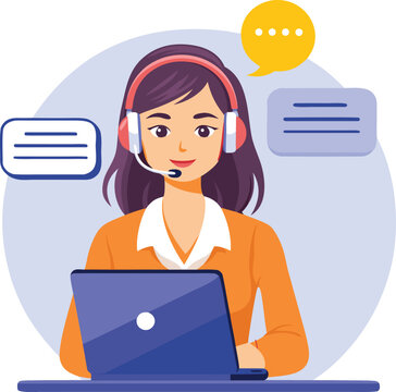 Customer support representative working on laptop with headset online service assistant concept call center operator chat support vector illustration
