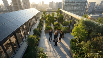 Fototapeta na wymiar Business professionals collaborating in a modern eco-friendly rooftop garden with solar panels and city skyline view.
