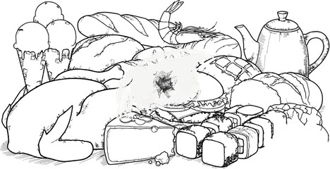 Obraz premium Hand-drawn Food Feast Black and White Vector Illustration for Design