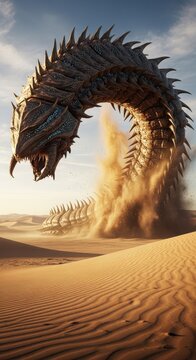 Giant monstrous worm emerges from the dunes of a vast sandy desert.