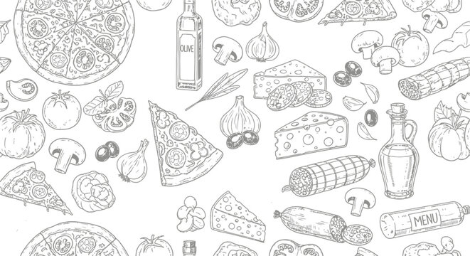 Italian food ingredients hand drawn seamless pattern vector illustration background