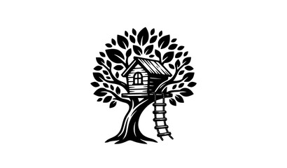 Stylized treehouse silhouette with rope ladder and curved tree canopy in bold black vector illustration © Romjan
