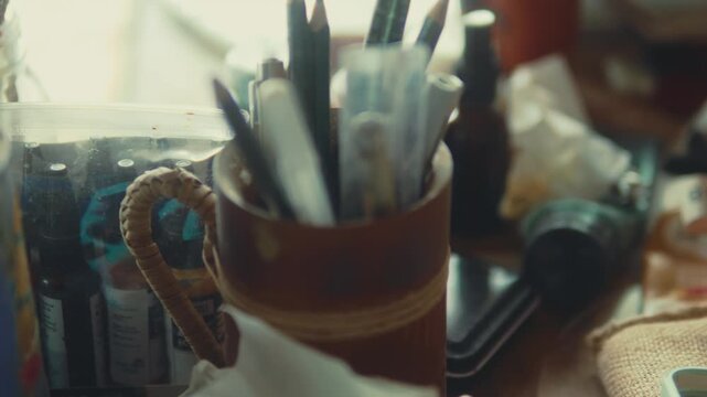 Close up of art supplies including pens, tools, and materials arranged on a creative workspace table. Warm natural light highlighting a craft and design environment.