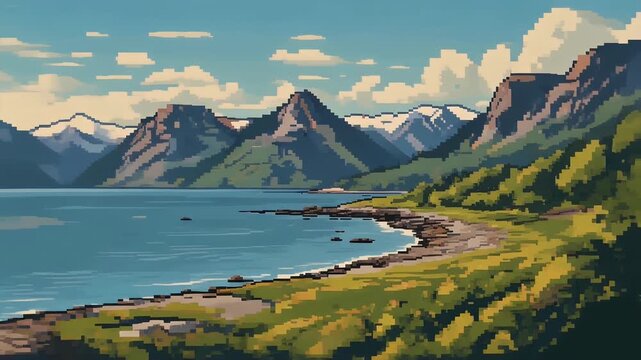 A pixel art landscape depicts a serene lake bordered by lush green hills and towering snow-capped mountains under a partly cloudy sky.