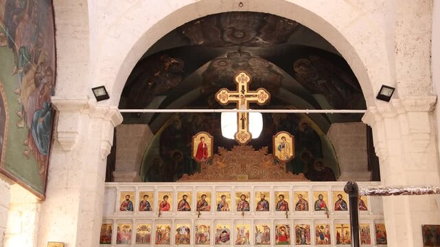 Detailed interior shot of the stone vault and sacred architecture inside the Monastery of Saint Thecla in Ma'aloula