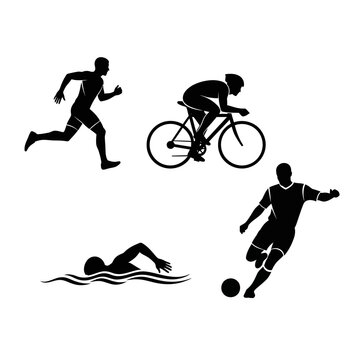 Diverse Sports Silhouettes: Running, Cycling, Swimming, Football