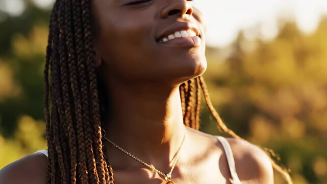 Woman enjoying sunlight with citrine pendant outdoors