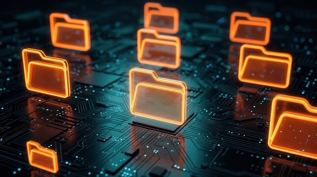 Circuit board featuring multiple glowing digital folder icons, symbolizing advanced data storage and organization in a modern networked system.