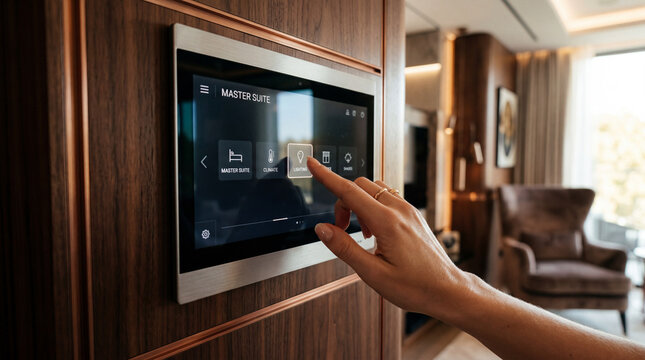 A hand touches a modern smart home control panel integrated into a luxurious wooden wall, managing a master suite.