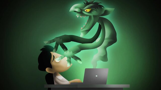 man using computer as ghost troll emerges from screen to stalk him