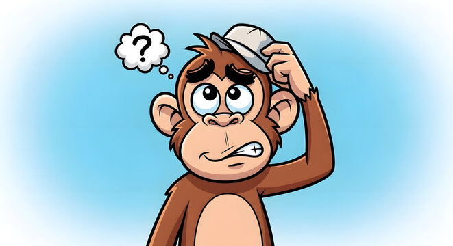 A cute cartoon chimpanzee wearing a hat looks confused with a question mark in a thought bubble above its head