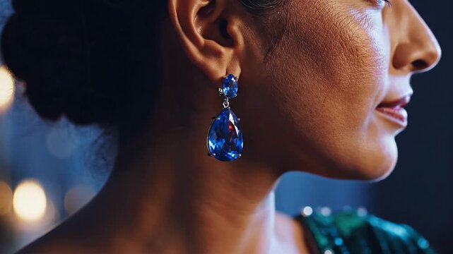 Woman wearing sapphire teardrop earrings in the evening
