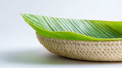 Obraz premium Fresh Banana Leaf on Basket with Organic Style Composition