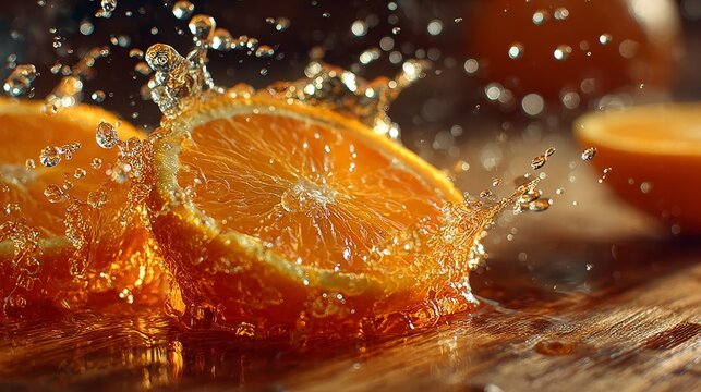 Cinematic macro of a juicy orange dropping on rustic oak board, bursting citrus droplets transforming into fresh juice glass and finally into handcrafted textured orange soap.