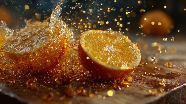 Cinematic macro of a juicy orange dropping on rustic oak board, bursting citrus droplets transforming into fresh juice glass and finally into handcrafted textured orange soap.