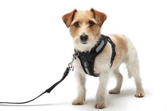 Realistic domestic dog wearing a harness with leash attached,
