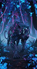 Fototapeta premium Mysterious multi-eyed panther walks through a bioluminescent forest at night.