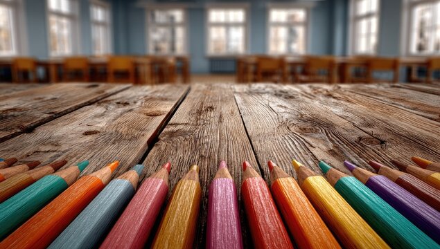 Colored pencils on rustic wood against blurred classroom