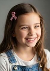 Fototapeta premium Smiling Girl with Freckles and Pink Ribbon against Gray Background