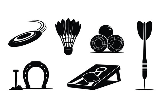 Collection of game and sport equipment silhouettes: frisbee shuttlecock darts