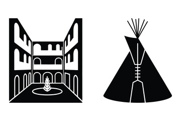 Courtyard fountain and native american teepee vector icons with courtyard © Sadek