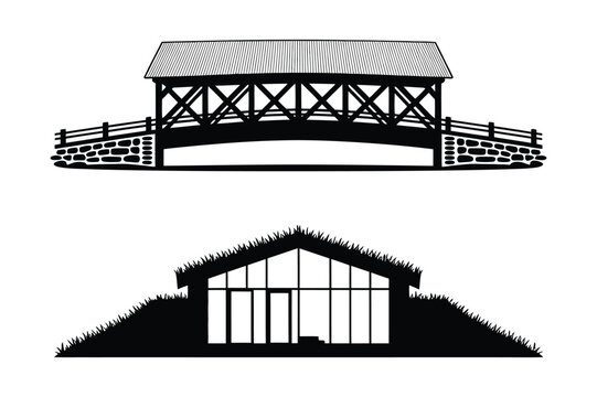 Vector illustration of a covered bridge and a modern house with a green roof