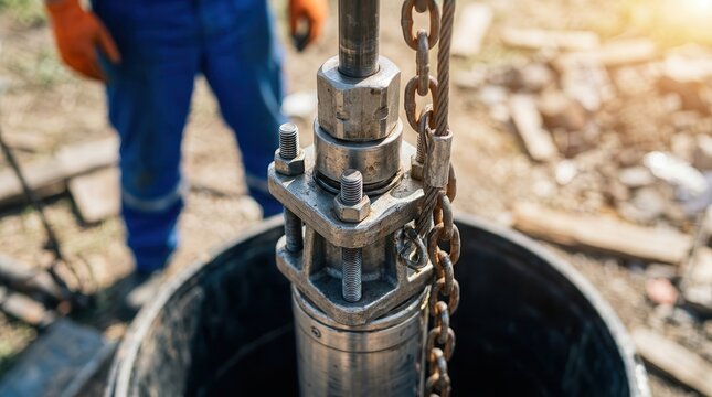 Deep borehole installation of a submersible water pump, connected by a durable metal pipe system and strong wire rope for water well development.