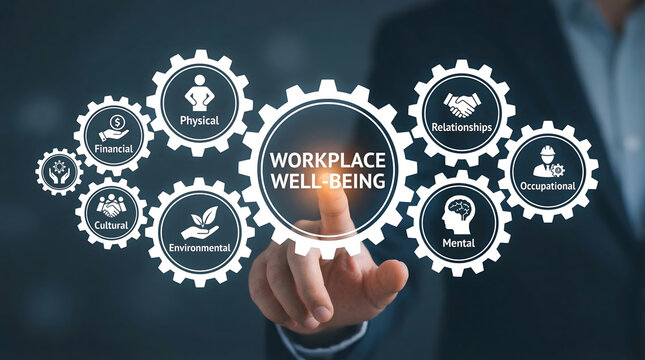 A hand activates a virtual diagram showing interconnected gears of workplace well being