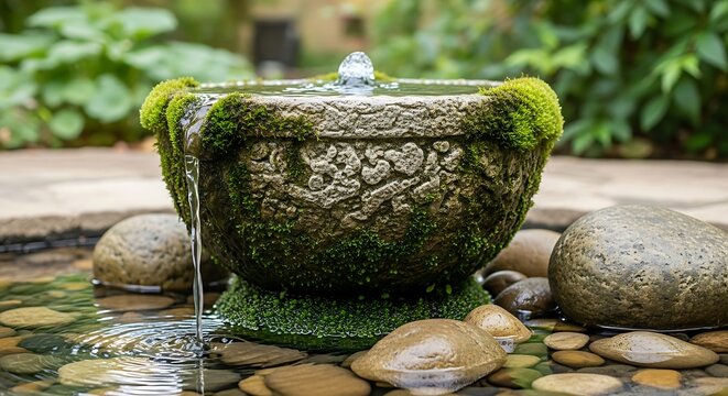 An ancient stone fountain covered in green moss dripping water into a serene garden stone basin. fountain cup